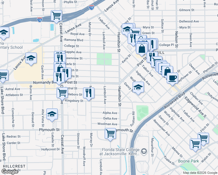 map of restaurants, bars, coffee shops, grocery stores, and more near 4525 Florida 228 in Jacksonville
