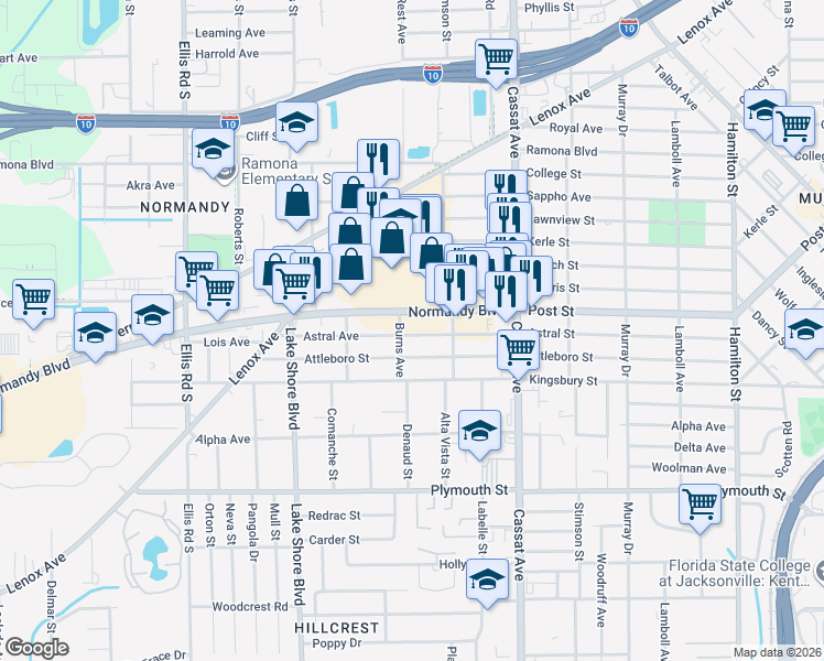 map of restaurants, bars, coffee shops, grocery stores, and more near 5172 Normandy Boulevard in Jacksonville