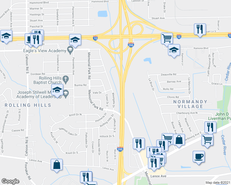 map of restaurants, bars, coffee shops, grocery stores, and more near 903 Westgate Drive in Jacksonville