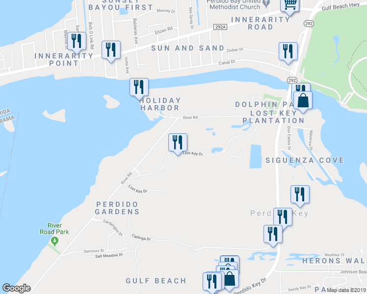 map of restaurants, bars, coffee shops, grocery stores, and more near 616 Lost Key Drive in Pensacola