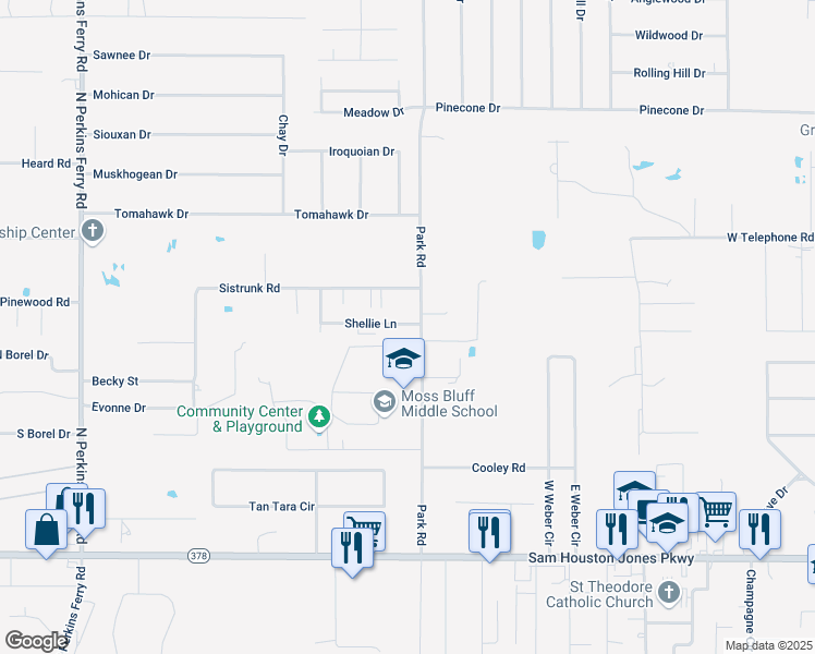 map of restaurants, bars, coffee shops, grocery stores, and more near 1022 Shellie Lane in Moss Bluff
