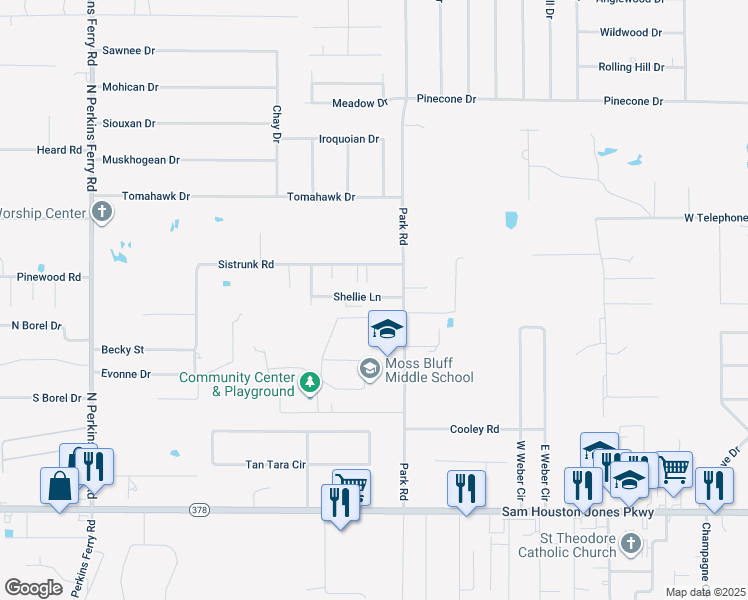 map of restaurants, bars, coffee shops, grocery stores, and more near 1022 Shellie Lane in Moss Bluff