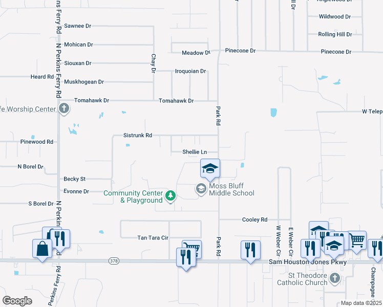 map of restaurants, bars, coffee shops, grocery stores, and more near 1102 Shellie Lane in Lake Charles