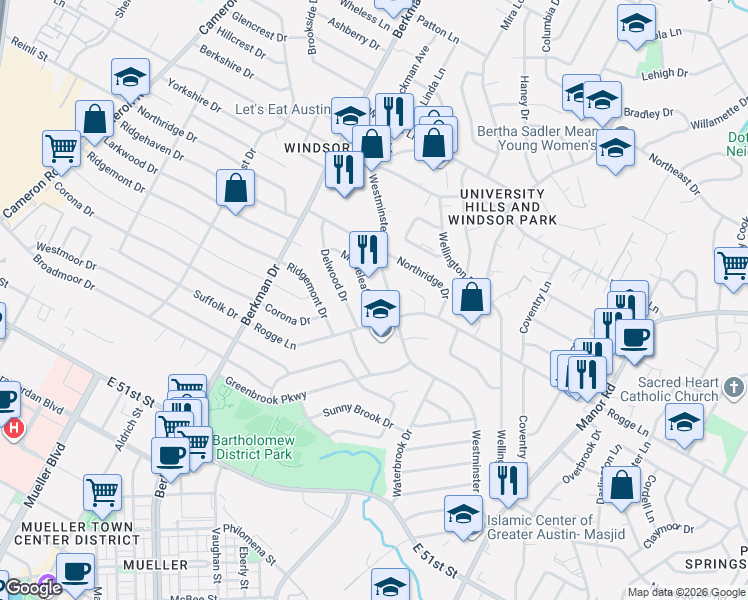 map of restaurants, bars, coffee shops, grocery stores, and more near 5602 Westminster Drive in Austin