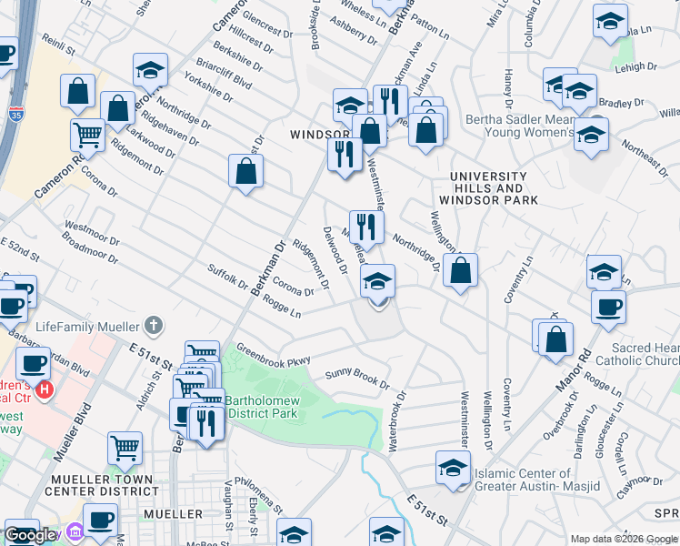 map of restaurants, bars, coffee shops, grocery stores, and more near 5515 Delwood Drive in Austin