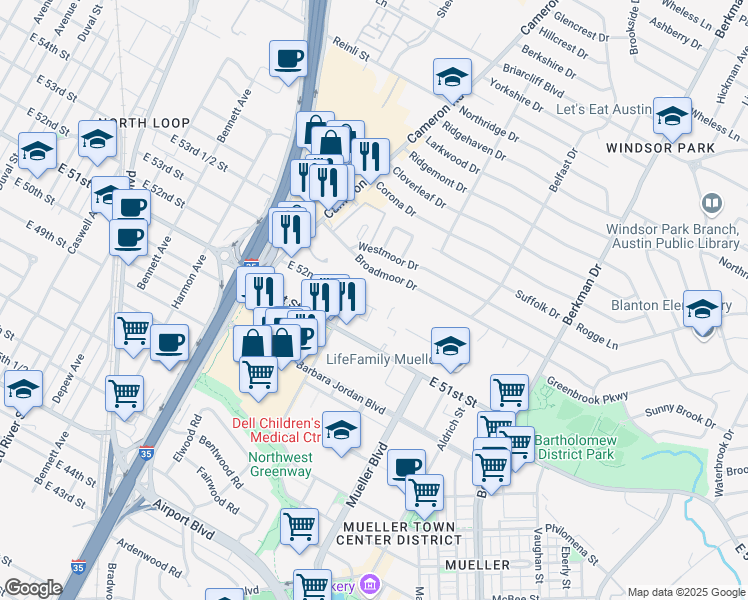 map of restaurants, bars, coffee shops, grocery stores, and more near 1302 East 52nd Street in Austin