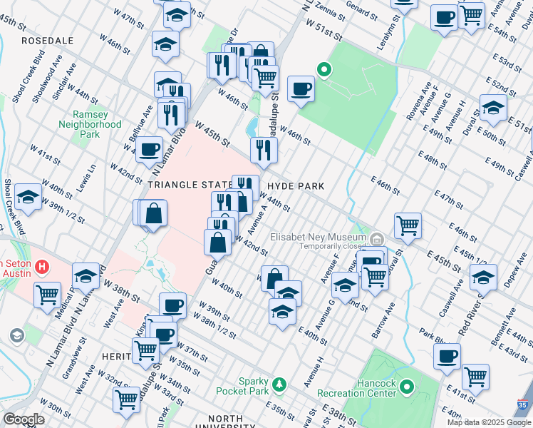 map of restaurants, bars, coffee shops, grocery stores, and more near 403 West 44th Street in Austin