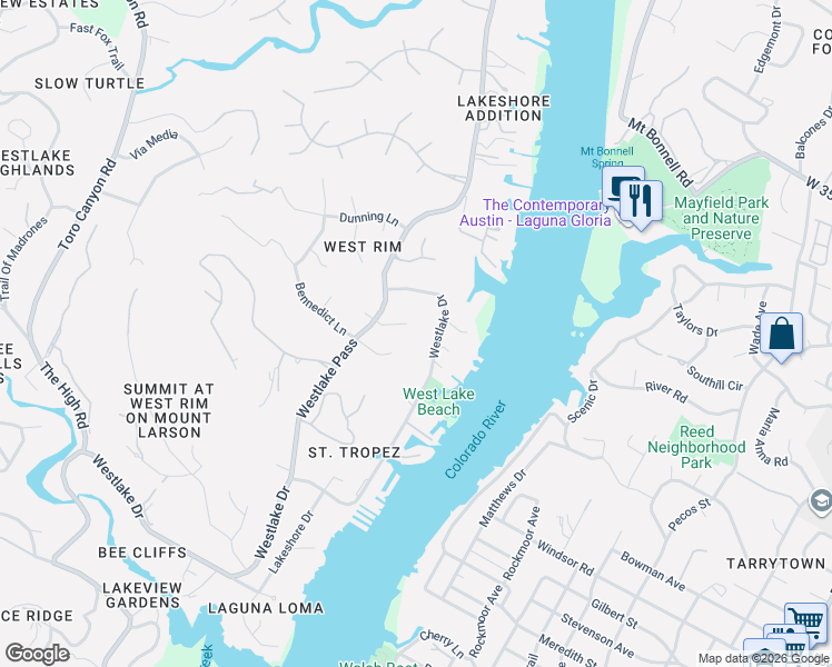 map of restaurants, bars, coffee shops, grocery stores, and more near 2700 Westlake Drive in Austin