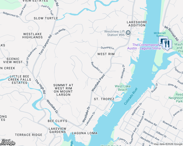 map of restaurants, bars, coffee shops, grocery stores, and more near 4107 Bennedict Lane in Austin