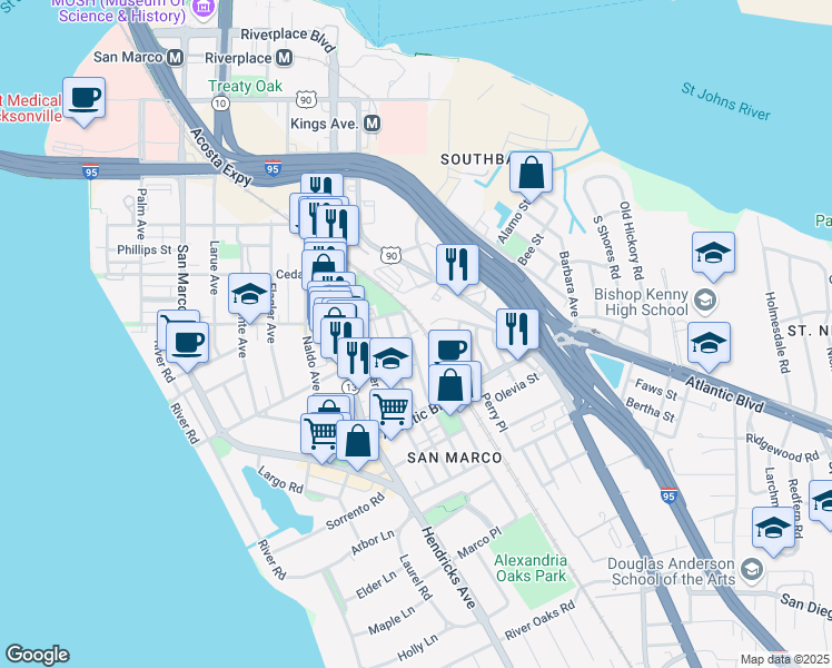 map of restaurants, bars, coffee shops, grocery stores, and more near 1819 Thacker Avenue in Jacksonville