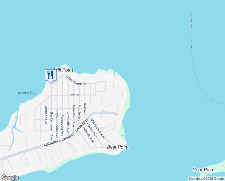 map of restaurants, bars, coffee shops, grocery stores, and more near 3809 Alabama Street in Orange Beach