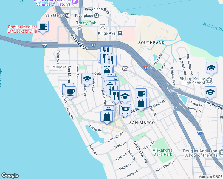 map of restaurants, bars, coffee shops, grocery stores, and more near in Jacksonville