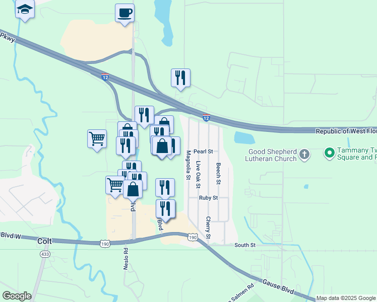 map of restaurants, bars, coffee shops, grocery stores, and more near 1619 Magnolia Street in Slidell