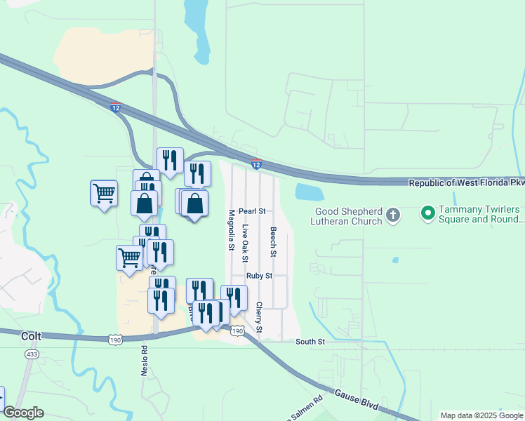 map of restaurants, bars, coffee shops, grocery stores, and more near 1608 Live Oak Street in Slidell