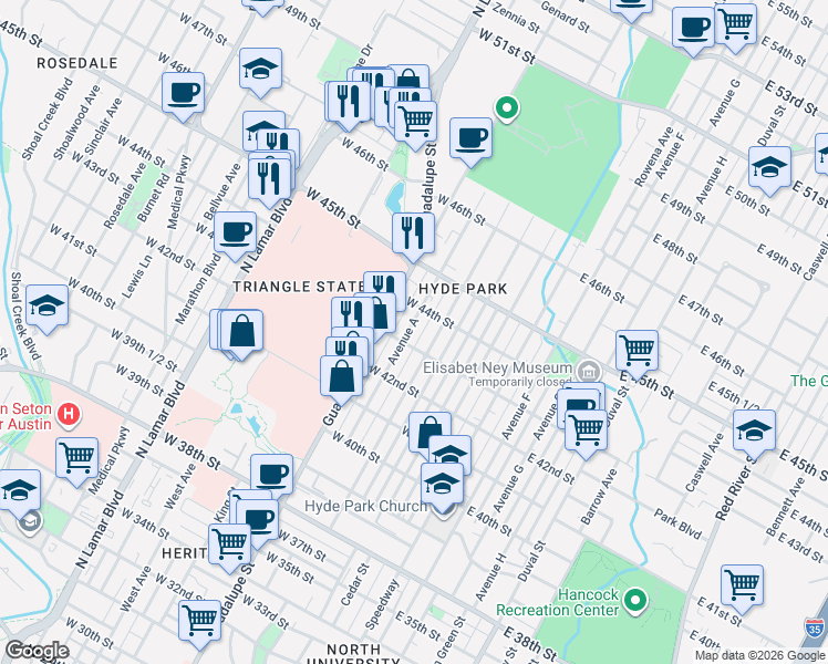 map of restaurants, bars, coffee shops, grocery stores, and more near 4305 Avenue A in Austin