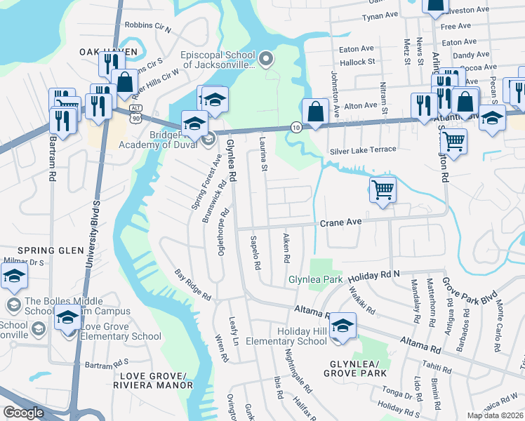 map of restaurants, bars, coffee shops, grocery stores, and more near 311 Laurina Street in Jacksonville