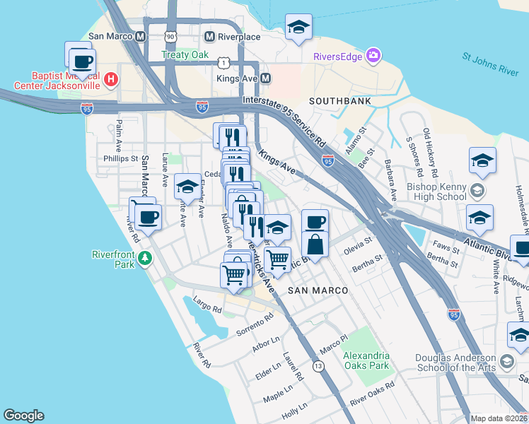 map of restaurants, bars, coffee shops, grocery stores, and more near in Jacksonville