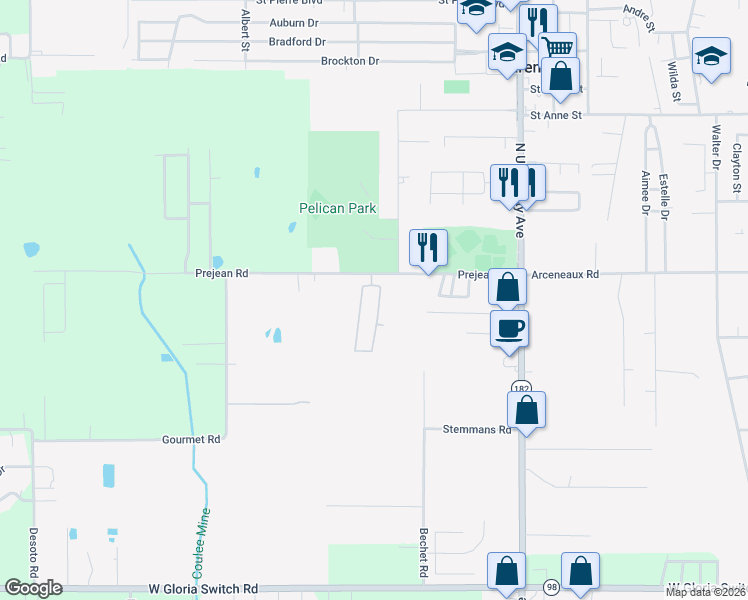 map of restaurants, bars, coffee shops, grocery stores, and more near 106 Wisteria Bend Cir in Carencro