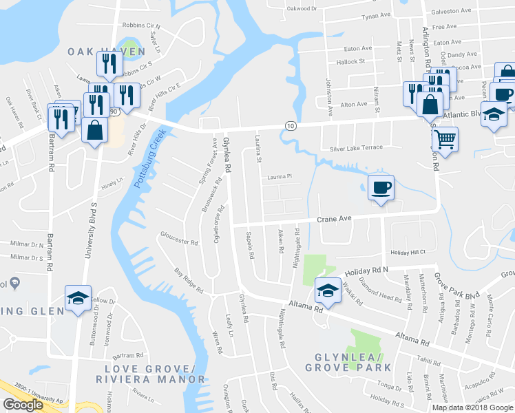 map of restaurants, bars, coffee shops, grocery stores, and more near 328 Laurina Street in Jacksonville