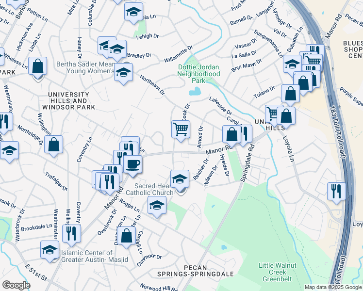 map of restaurants, bars, coffee shops, grocery stores, and more near 6200 Manor Road in Austin