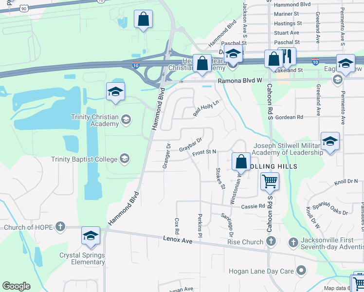 map of restaurants, bars, coffee shops, grocery stores, and more near 8503 Graybar Drive in Jacksonville