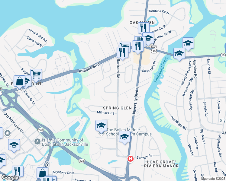 map of restaurants, bars, coffee shops, grocery stores, and more near 1861 Embassy Drive in Jacksonville