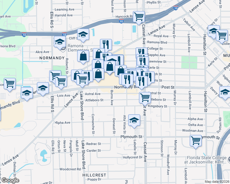 map of restaurants, bars, coffee shops, grocery stores, and more near 5172 Normandy Boulevard in Jacksonville