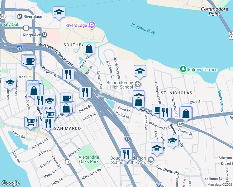 map of restaurants, bars, coffee shops, grocery stores, and more near 2205 Southampton Road in Jacksonville