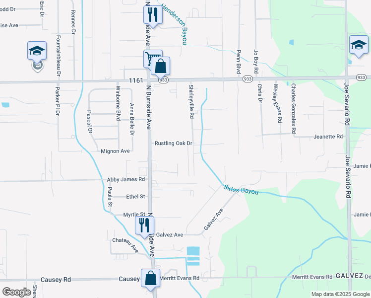 map of restaurants, bars, coffee shops, grocery stores, and more near 16357 Beech Street in Prairieville