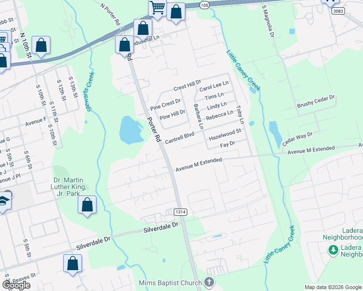 map of restaurants, bars, coffee shops, grocery stores, and more near 1603 Hazelwood Street in Conroe