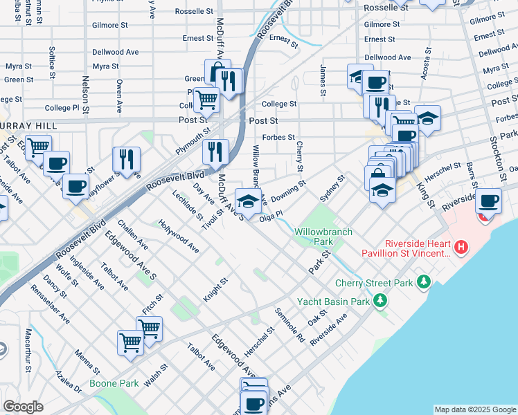 map of restaurants, bars, coffee shops, grocery stores, and more near 2946 Downing Street in Jacksonville