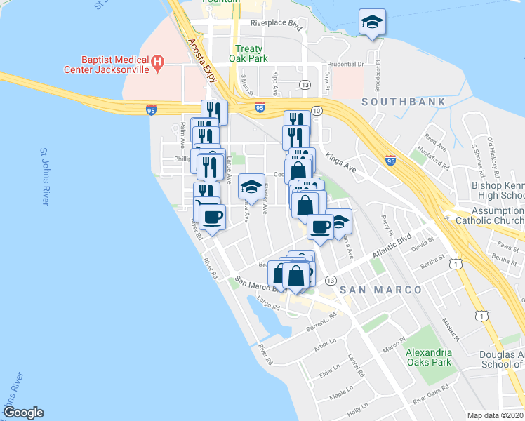 map of restaurants, bars, coffee shops, grocery stores, and more near 1612 Flagler Avenue in Jacksonville