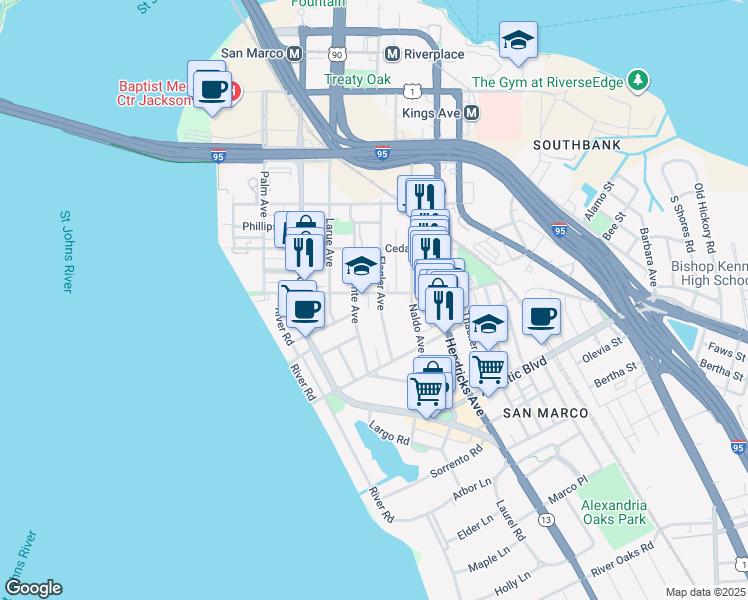 map of restaurants, bars, coffee shops, grocery stores, and more near 1305 Lasalle Street in Jacksonville