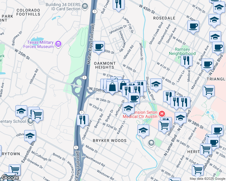 map of restaurants, bars, coffee shops, grocery stores, and more near 1813 West 36th Street in Austin