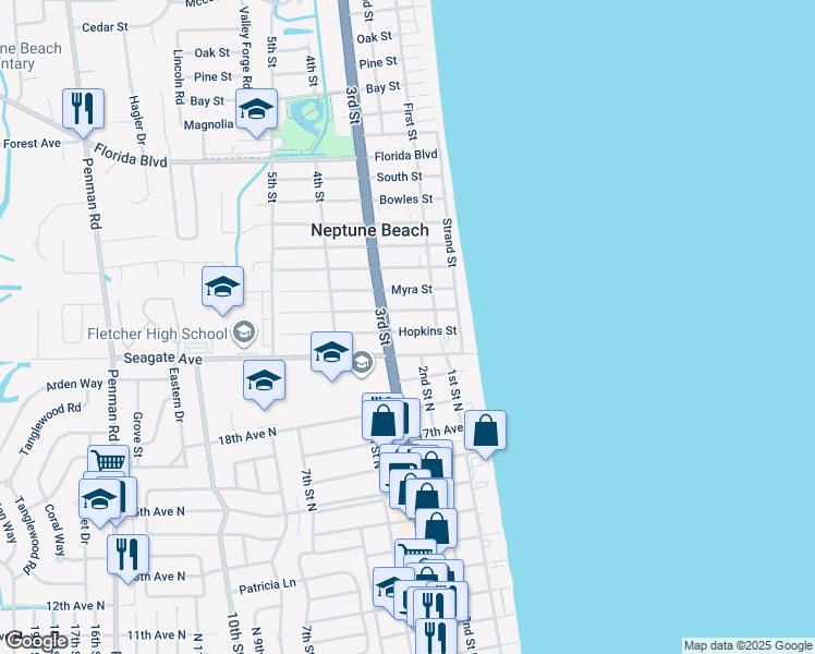 map of restaurants, bars, coffee shops, grocery stores, and more near 207 Margaret Street in Neptune Beach
