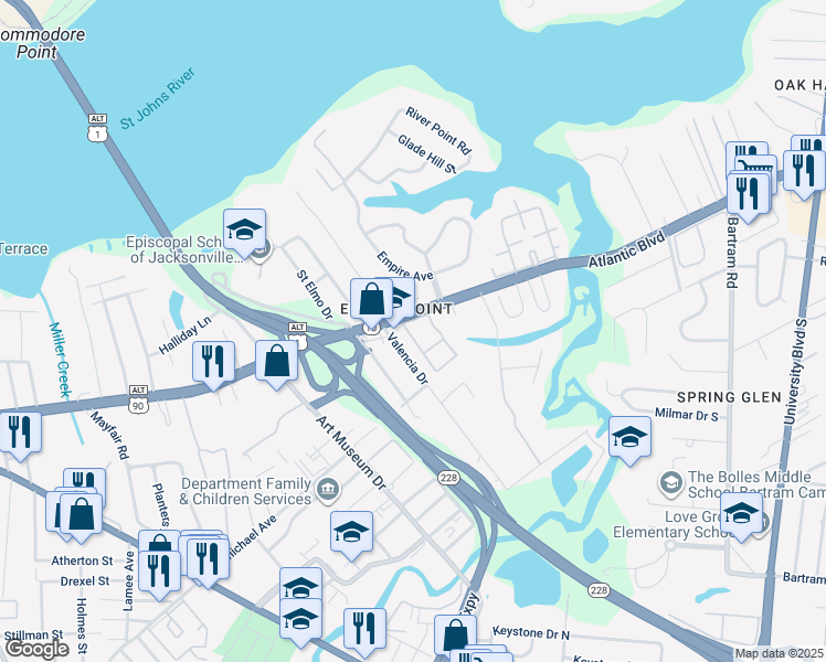 map of restaurants, bars, coffee shops, grocery stores, and more near 4736 Atlantic Boulevard in Jacksonville