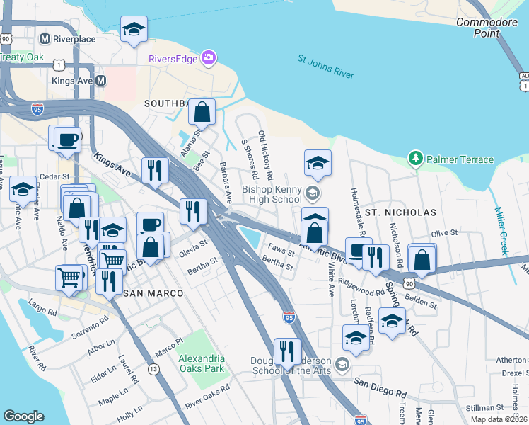 map of restaurants, bars, coffee shops, grocery stores, and more near 2205 Southampton Road in Jacksonville