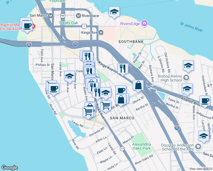map of restaurants, bars, coffee shops, grocery stores, and more near 1603 Minerva Avenue in Jacksonville
