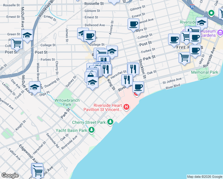 map of restaurants, bars, coffee shops, grocery stores, and more near 2715 Oak Street in Jacksonville