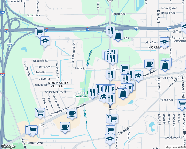 map of restaurants, bars, coffee shops, grocery stores, and more near 911 Granville Road in Jacksonville