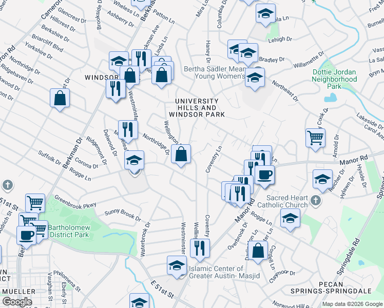 map of restaurants, bars, coffee shops, grocery stores, and more near 5703 North Hampton Drive in Austin