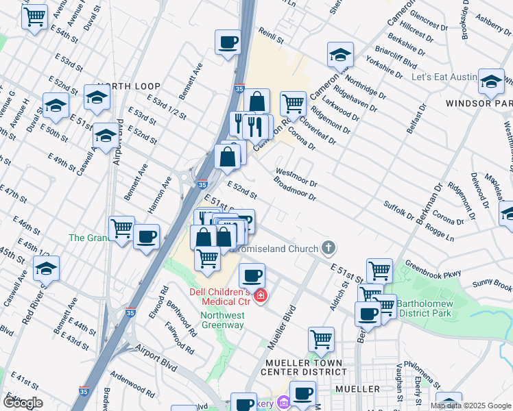 map of restaurants, bars, coffee shops, grocery stores, and more near 1207 East 52nd Street in Austin