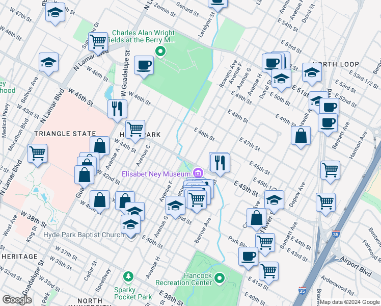 map of restaurants, bars, coffee shops, grocery stores, and more near 4515 Avenue F in Austin
