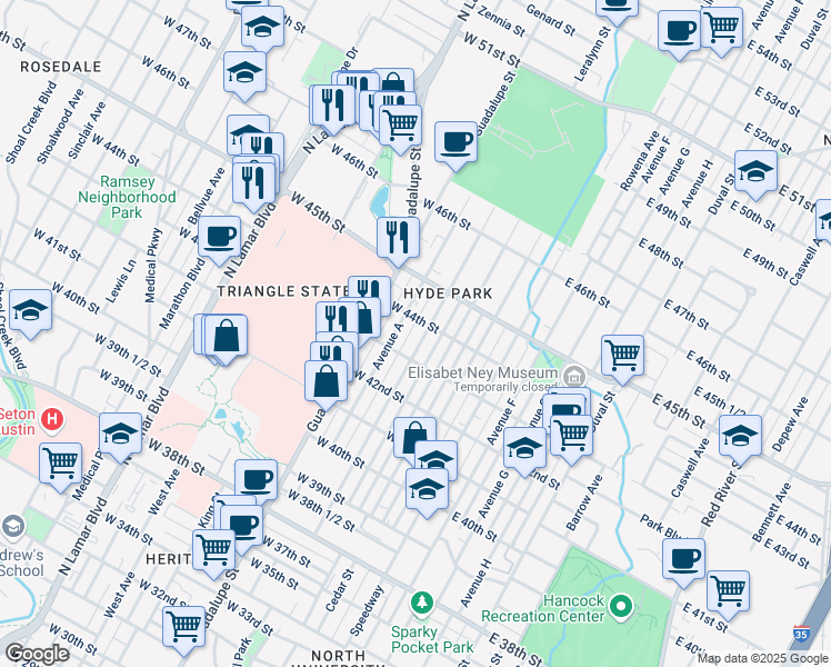 map of restaurants, bars, coffee shops, grocery stores, and more near in Austin