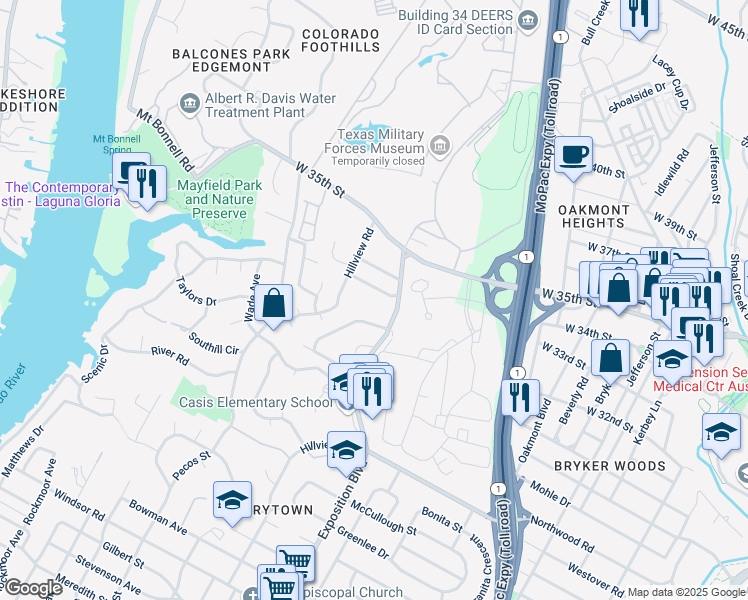 map of restaurants, bars, coffee shops, grocery stores, and more near 3208 Exposition Boulevard in Austin