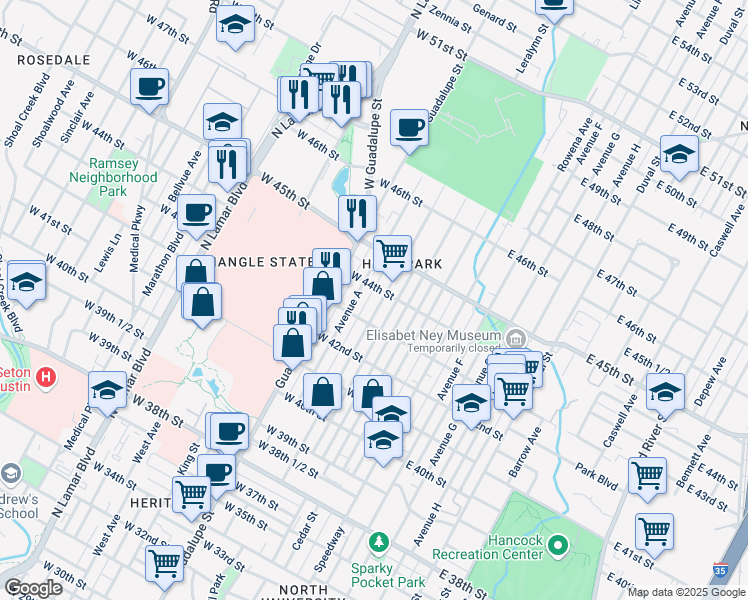 map of restaurants, bars, coffee shops, grocery stores, and more near 4310 Avenue B in Austin
