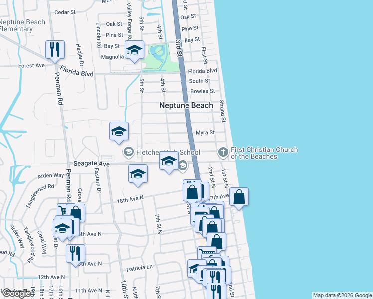 map of restaurants, bars, coffee shops, grocery stores, and more near 2004 Florida A1A in Neptune Beach