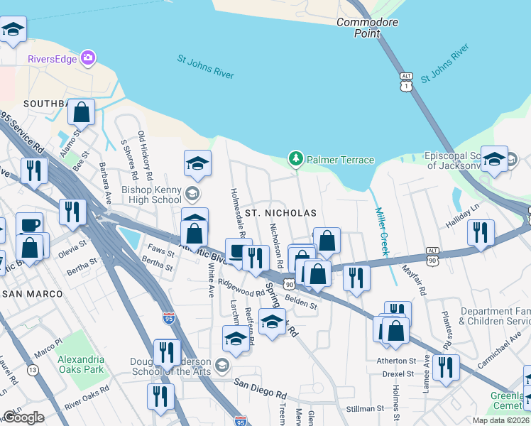 map of restaurants, bars, coffee shops, grocery stores, and more near 3026 Jolly Road in Jacksonville