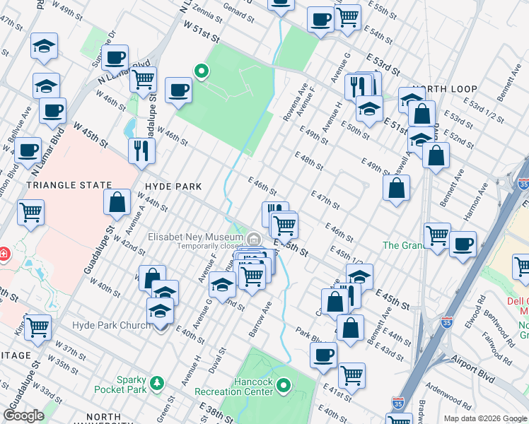 map of restaurants, bars, coffee shops, grocery stores, and more near 4523 Avenue G in Austin