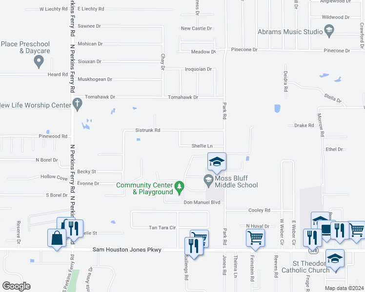 map of restaurants, bars, coffee shops, grocery stores, and more near 1167 Shellie Lane in Moss Bluff